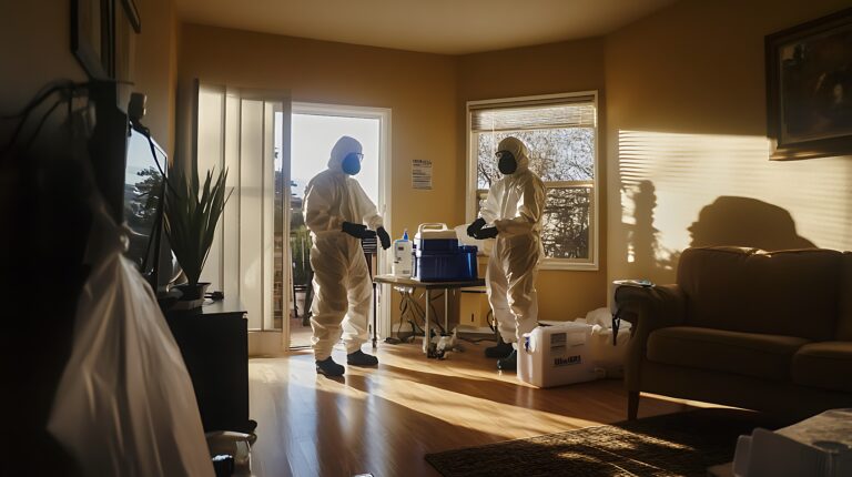 Två personer i full skyddsutrustning utför saneringsarbete i ett solbelyst vardagsrum. De bär vita skyddsdräkter, handskar och andningsmasker och arbetar vid ett bord med saneringsutrustning. Rummet är delvis möblerat och ljuset strömmar in genom fönster och en öppen balkongdörr.