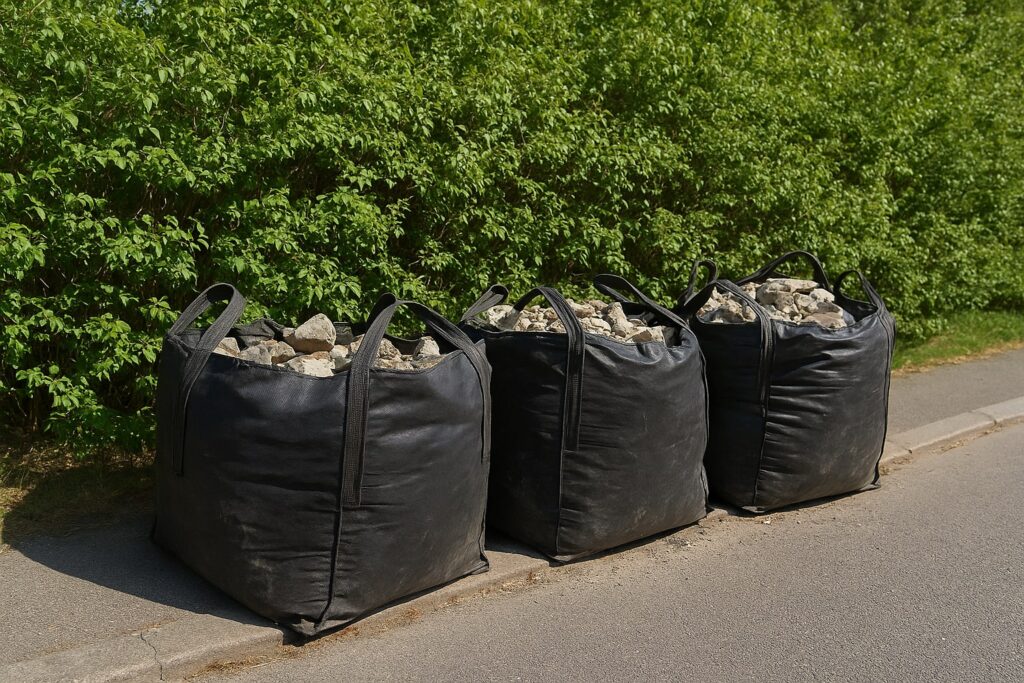 Tre stora svarta byggsäckar fyllda med byggavfall står uppradade vid en trottoarkant. Bakom säckarna syns en tät grön buske.