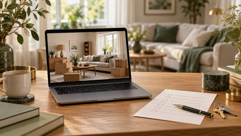 MNN Recycling 52 AI-illustration av en dator med bostadsbilder, en checklista och nycklar inför dödsbotömning på distans